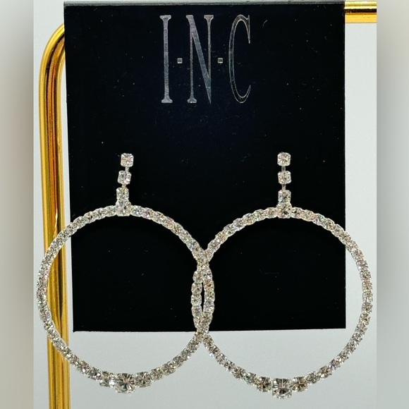 INC Rhinestone Post Circle Earrings in Silver Tone 2 inch approx - Picture 1 of 6